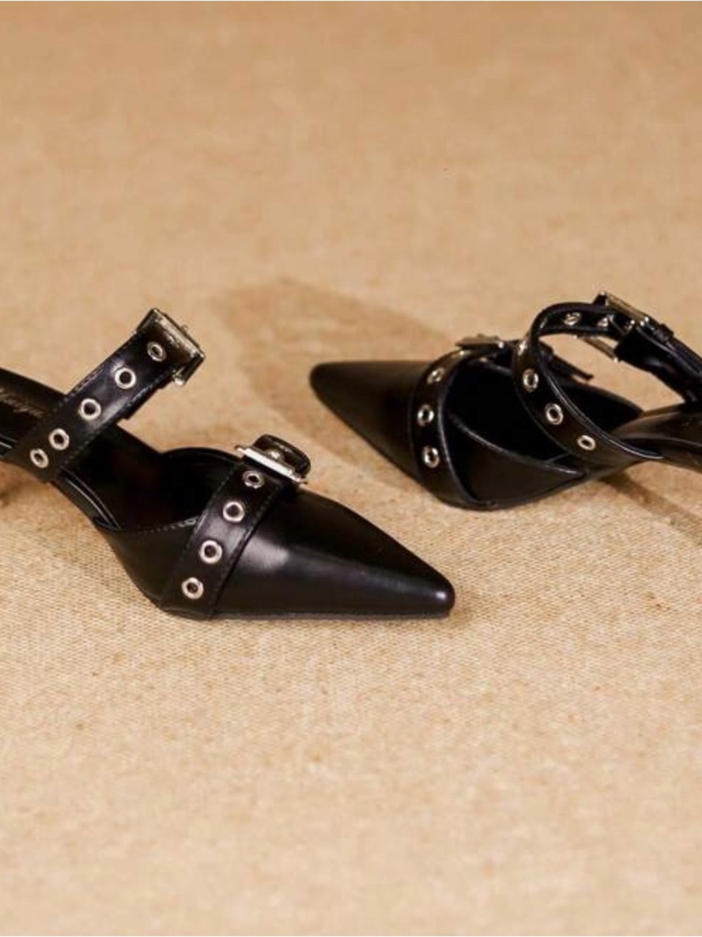 Black Pointed Leather Slingback Heels with Grommet Straps